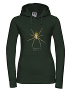 Bluza z kapturem w kolorze butelkowej zieleni, z tygrzykiem paskowanym (Argiope bruennichi) - autorska grafika Pauliny Strejczek-Jaźwińskiej. Kolekcja Pająki, Człowiek z Lasu.