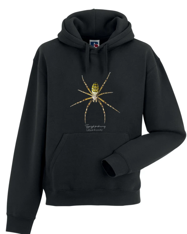 Bluza z kapturem z tygrzykiem paskowanym (Argiope bruennichi), widok od przodu - autorska grafika Pauliny Strejczek-Jaźwińskiej. Kolekcja Pająki, Człowiek z Lasu.