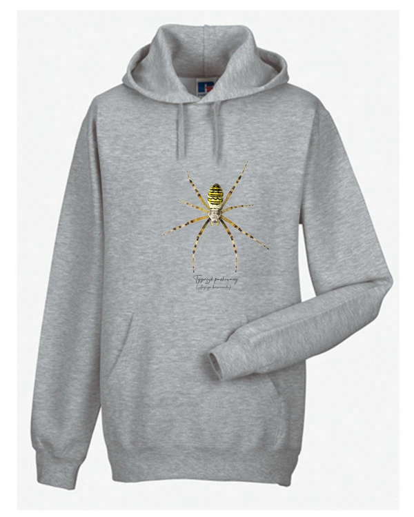 Bluza z kapturem w kolorze szarym, z tygrzykiem paskowanym (Argiope bruennichi) - autorska grafika Pauliny Strejczek-Jaźwińskiej. Kolekcja Pająki, Człowiek z Lasu.