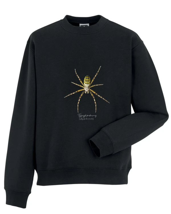 Bluza bez kaptura z tygrzykiem paskowanym (Argiope bruennichi), dostępna na specjalne zamówienie - autorska grafika Pauliny Strejczek-Jaźwińskiej. Kolekcja Pająki, Człowiek z Lasu.