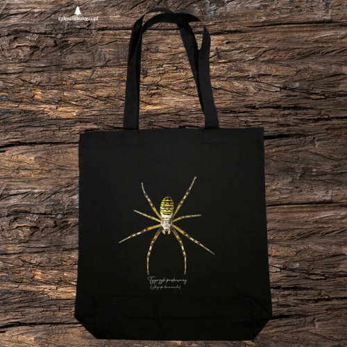 Czarna torba bawełniana 2 ucha z tygrzykiem paskowanym (Argiope bruennichi) - autorska grafika Pauliny Strejczek-Jaźwińskiej. Drelich 280 g, 41x38 cm. Kolekcja Pająki, Człowiek z Lasu.