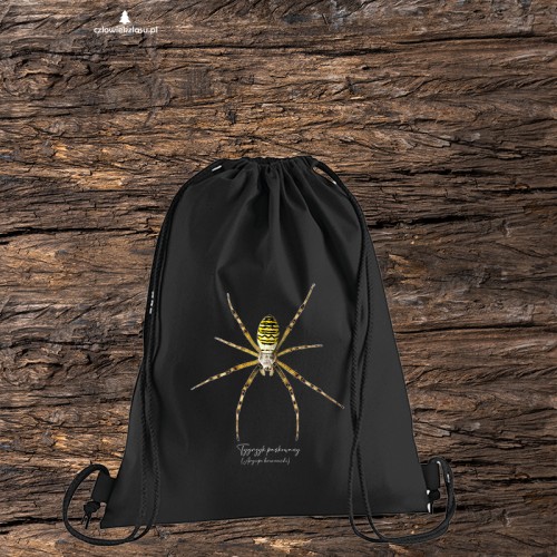 Czarny worek-plecak z tygrzykiem paskowanym (Argiope bruennichi) - autorska grafika Pauliny Strejczek-Jaźwińskiej. Gramatura 340 g/m². Kolekcja Pająki, Człowiek z Lasu. Opis dostępności