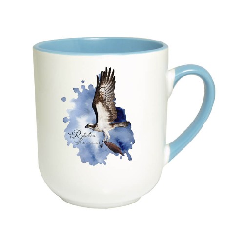 Kubek coffee z błękitnym uszkiem i wnętrzem, z rybołowem (Pandion haliaetus) - autorska grafika Pauliny Strejczek-Jaźwińskiej. Pojemność 290 ml. Kolekcja Rybołów, Człowiek z Lasu.
