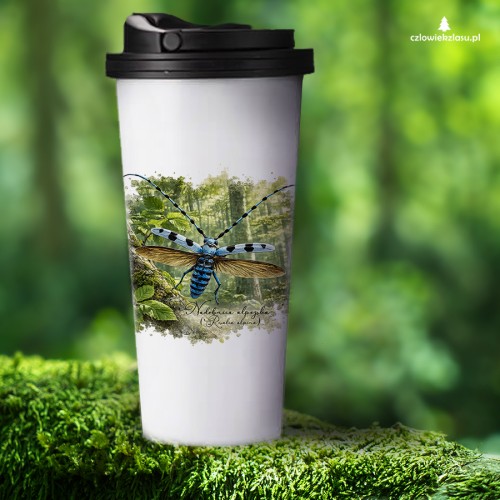 Kubek termiczny z nadobnicą alpejską (Rosalia alpina) - autorska grafika Pauliny Strejczek-Jaźwińskiej. Pojemność 480 ml, podwójna ścianka. Kolekcja Nadobnica alpejska, Człowiek z Lasu.