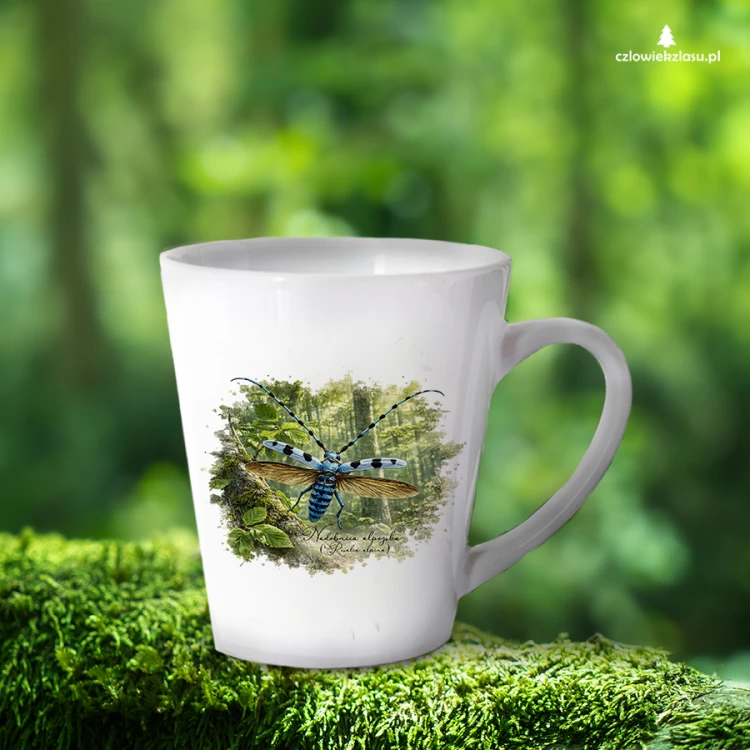 Biały kubek latte 300 ml z nadobnicą alpejską (Rosalia alpina) - autorska grafika Pauliny Strejczek-Jaźwińskiej. Nadruk sublimacyjny. Kolekcja Nadobnica alpejska, Człowiek z Lasu.