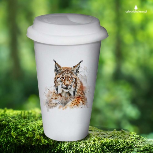 Kubek termiczny tumbler z rysiem euroazjatyckim (Lynx lynx) - autorska grafika Pauliny Strejczek-Jaźwińskiej. Pojemność 300 ml, podwójna ścianka. Kolekcja Ryś, Człowiek z Lasu.