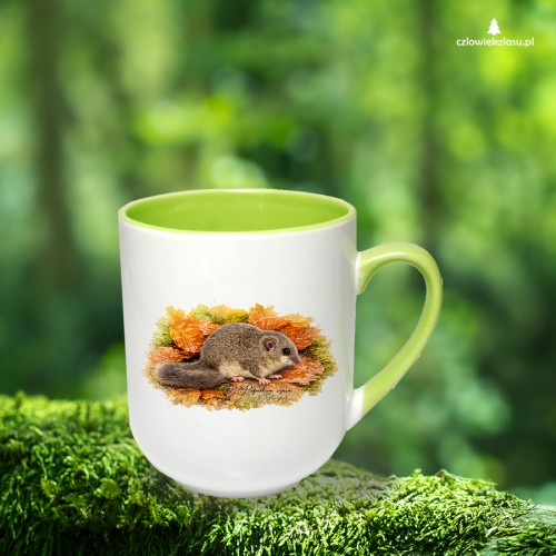 Kubek coffee z zielonym uszkiem i wnętrzem, z popielicą szarą (Glis glis) - autorska grafika Pauliny Strejczek-Jaźwińskiej. Pojemność 290 ml. Kolekcja Popielica, Człowiek z Lasu.