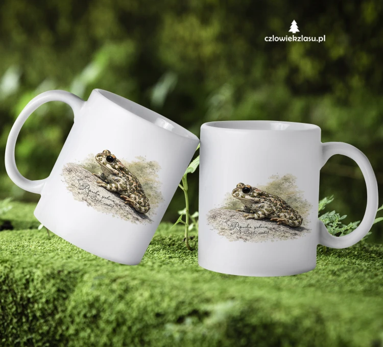 Biały kubek ceramiczny z ropuchą zieloną (Bufotes viridis) - autorska grafika Pauliny Strejczek-Jaźwińskiej. Pojemność 330 ml lub 450 ml. Kolekcja Ropucha zielona, Człowiek z Lasu.