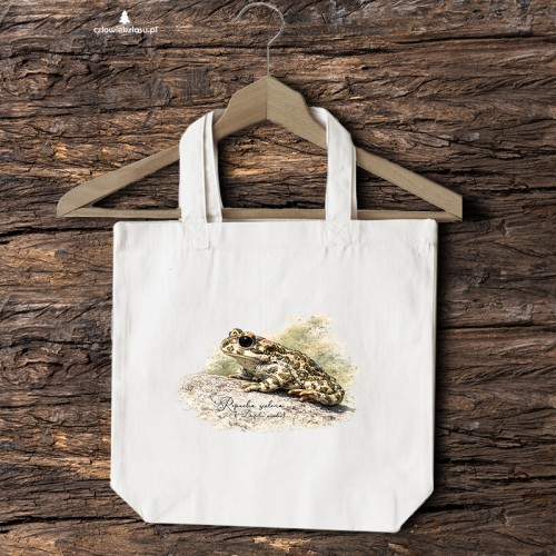 Naturalna torba 2 ucha z ropuchą zieloną (Bufotes viridis) - autorska grafika Pauliny Strejczek-Jaźwińskiej. Drelich 280 g, 41x38 cm. Kolekcja Ropucha zielona, Człowiek z Lasu.