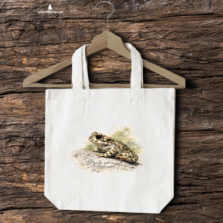 Naturalna torba 2 ucha z ropuchą zieloną (Bufotes viridis) - autorska grafika Pauliny Strejczek-Jaźwińskiej. Drelich 280 g, 41x38 cm. Kolekcja Ropucha zielona, Człowiek z Lasu.