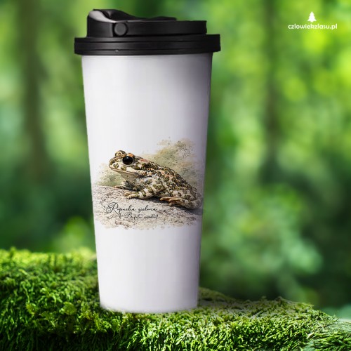 Kubek termiczny z ropuchą zieloną (Bufotes viridis) - autorska grafika Pauliny Strejczek-Jaźwińskiej. Metal, plastik, mycie ręczne. Kolekcja Ropucha zielona, Człowiek z Lasu.