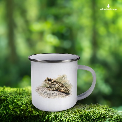 Biały kubek emaliowany ze srebrnym rantem, z ropuchą zieloną (Bufotes viridis) - autorska grafika Pauliny Strejczek-Jaźwińskiej. 300 ml. Kolekcja Ropucha zielona, Człowiek z Lasu.