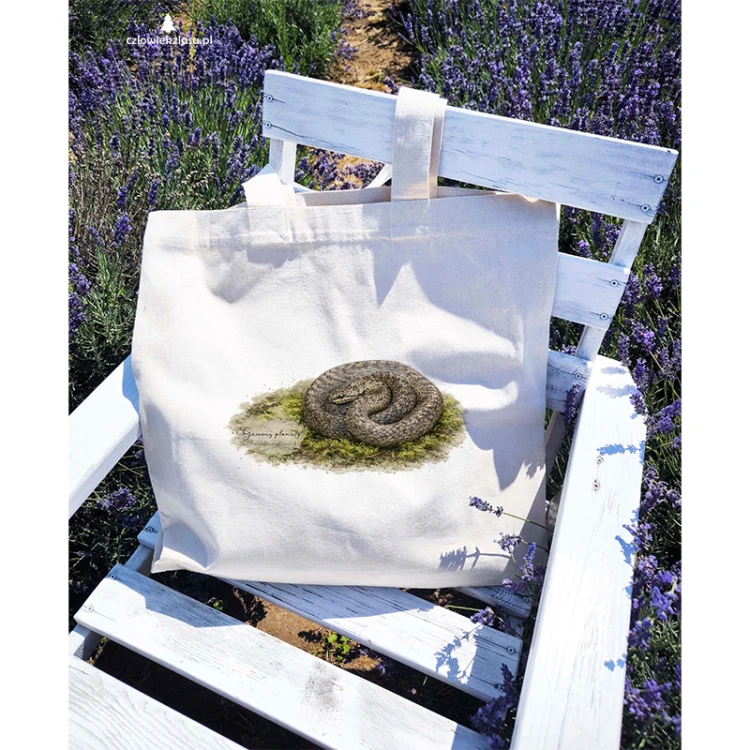 Duża torba premium z gniewoszem plamistym (Coronella austriaca) - autorska grafika Pauliny Strejczek-Jaźwińskiej. Fairtrade, 100% bawełna organiczna, 49x50 cm. Kolekcja Gniewosz plamisty, Człowiek z Lasu.