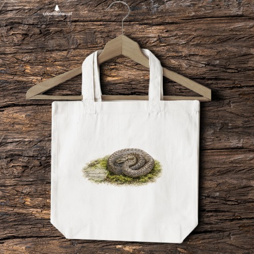 Naturalna torba 2 ucha z gniewoszem plamistym (Coronella austriaca) - autorska grafika Pauliny Strejczek-Jaźwińskiej. Drelich 280 g, 41x38 cm. Kolekcja Gniewosz plamisty, Człowiek z Lasu.