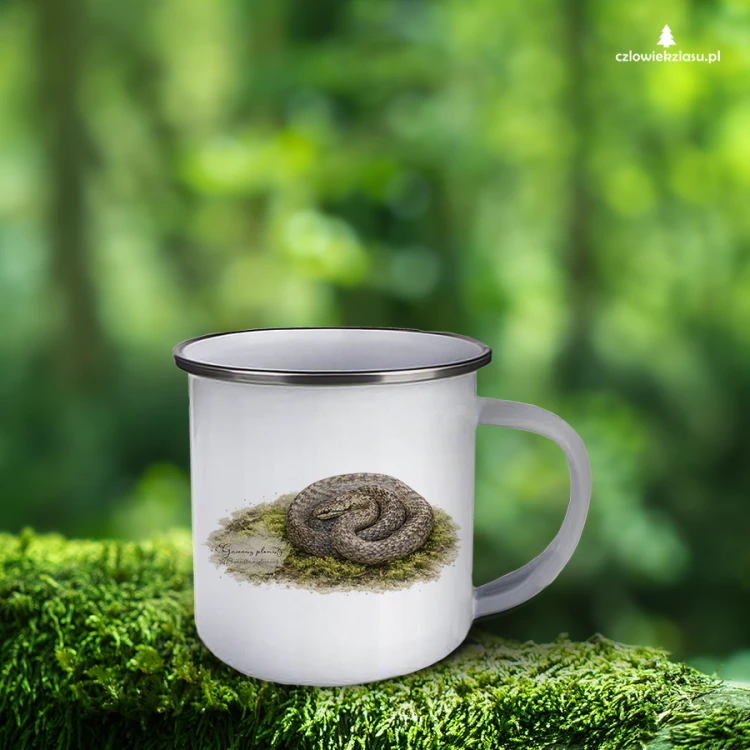 Biały kubek emaliowany ze srebrnym rantem, z gniewoszem plamistym (Coronella austriaca) - autorska grafika Pauliny Strejczek-Jaźwińskiej. 300 ml. Kolekcja Gniewosz plamisty, Człowiek z Lasu.