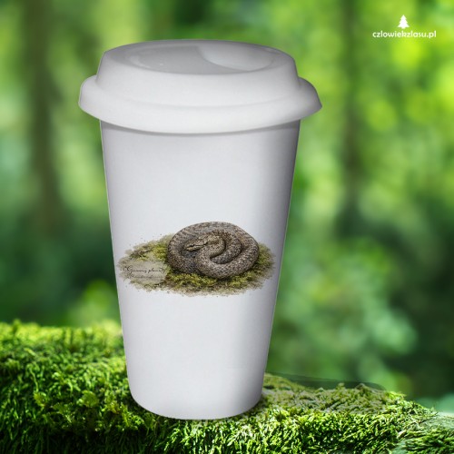 Tumbler termiczny z gniewoszem plamistym (Coronella austriaca) - autorska grafika Pauliny Strejczek-Jaźwińskiej. Pojemność 300 ml, silikonowe wieczko. Kolekcja Gniewosz plamisty, Człowiek z Lasu.