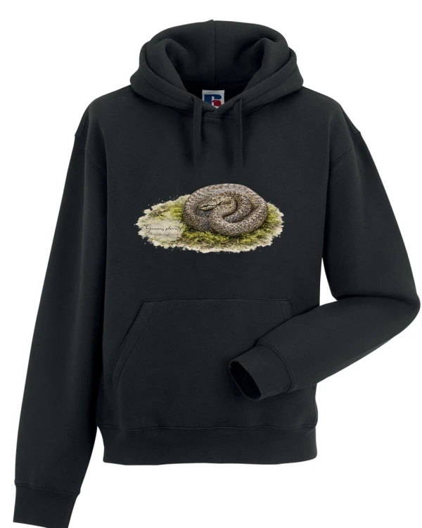 Bluza z kapturem unisex w kolorze czarnym, z gniewoszem plamistym (Coronella austriaca) - autorska grafika Pauliny Strejczek-Jaźwińskiej. Kolekcja Gniewosz plamisty, Człowiek z Lasu.