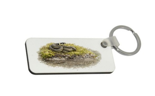 Dwustronny brelok z zaskrońcem zwyczajnym (Natrix natrix) - autorska grafika Pauliny Strejczek-Jaźwińskiej. MDF 70x30 mm, chromowane kółko. Kolekcja Zaskroniec zwyczajny, Człowiek z Lasu.
