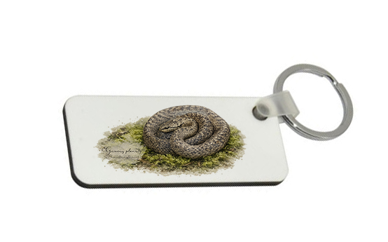 Dwustronny brelok z gniewoszem plamistym (Coronella austriaca) - autorska grafika Pauliny Strejczek-Jaźwińskiej. MDF 70x30 mm, chromowane kółko. Kolekcja Gniewosz plamisty, Człowiek z Lasu.