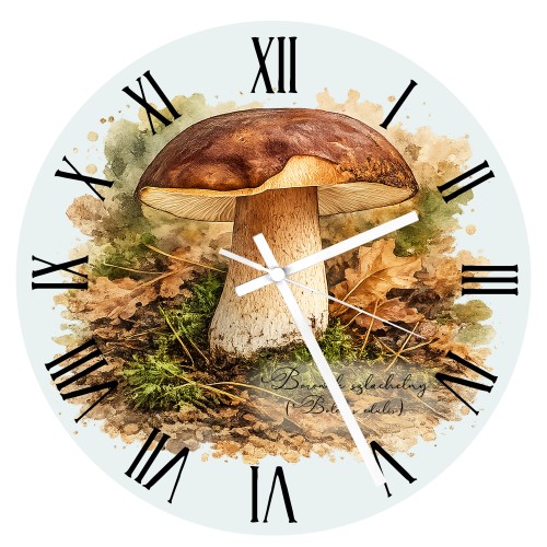 Szklany zegar z borowikiem szlachetnym (Boletus edulis) - autorska grafika Pauliny Strejczek-Jaźwińskiej. Średnica 30 cm, białe metalowe wskazówki. Kolekcja Borowik szlachetny, Człowiek z Lasu.