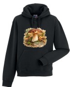 Bluza z kapturem z borowikiem szlachetnym (Boletus edulis), widok od przodu - autorska grafika Pauliny Strejczek-Jaźwińskiej. Kolekcja Borowik szlachetny, Człowiek z Lasu.