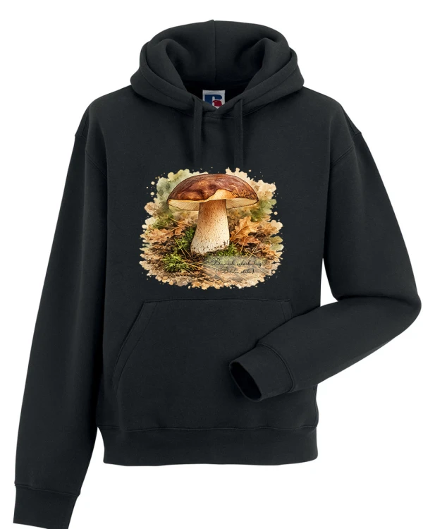 Bluza z kapturem z borowikiem szlachetnym (Boletus edulis), widok od przodu - autorska grafika Pauliny Strejczek-Jaźwińskiej. Kolekcja Borowik szlachetny, Człowiek z Lasu.