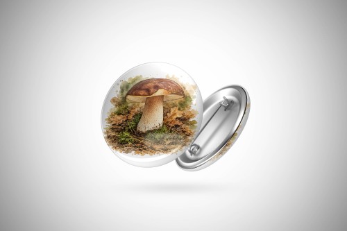 Przypinka z borowikiem szlachetnym (Boletus edulis) - autorska grafika Pauliny Strejczek-Jaźwińskiej. Front i tył z aluminium, 38 lub 56 mm. Kolekcja Borowik szlachetny, Człowiek z Lasu.