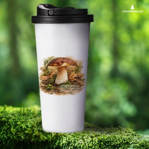 Kubek termiczny z borowikiem szlachetnym (Boletus edulis) - autorska grafika Pauliny Strejczek-Jaźwińskiej. Metal, plastik, mycie ręczne. Kolekcja Borowik szlachetny, Człowiek z Lasu.