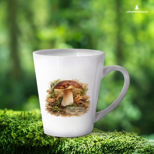 Biały kubek latte 300 ml z borowikiem szlachetnym (Boletus edulis) - autorska grafika Pauliny Strejczek-Jaźwińskiej. Kolekcja Borowik szlachetny, Człowiek z Lasu.