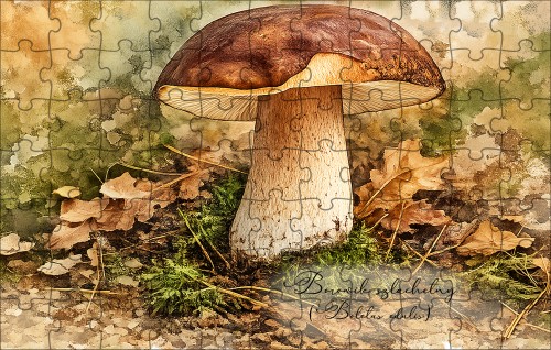 Puzzle HQ z borowikiem szlachetnym (Boletus edulis) - autorska grafika Pauliny Strejczek-Jaźwińskiej. 120 lub 252 elementy. Kolekcja Borowik szlachetny, Człowiek z Lasu.