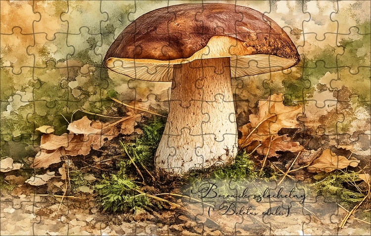 Puzzle HQ z borowikiem szlachetnym (Boletus edulis) - autorska grafika Pauliny Strejczek-Jaźwińskiej. 120 lub 252 elementy. Kolekcja Borowik szlachetny, Człowiek z Lasu.