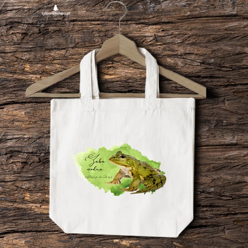 Naturalna torba 2 ucha z żabą wodną (Pelophylax kl. esculentus) - autorska grafika Pauliny Strejczek-Jaźwińskiej. Drelich 280 g, 41x38 cm. Kolekcja Żaba wodna, Człowiek z Lasu.
